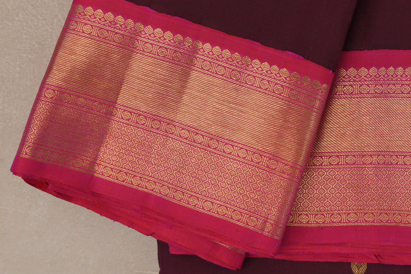 Deep Plum with Bright Pink Borders Vintage Kanjivaram Silk Saree by Shreenivas Silks PSSR019178