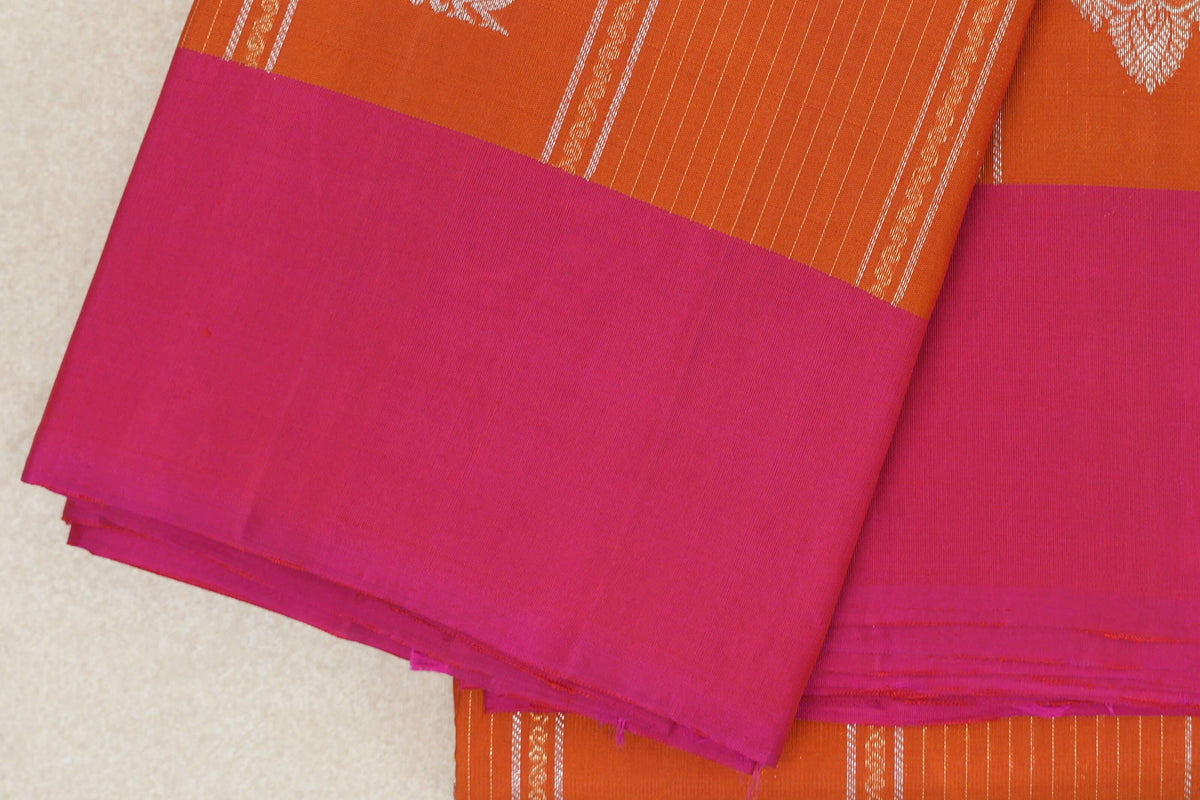 Mango Orange with Bright Pink Borders Vintage Kanjivaram Silk Saree by Shreenivas Silks border