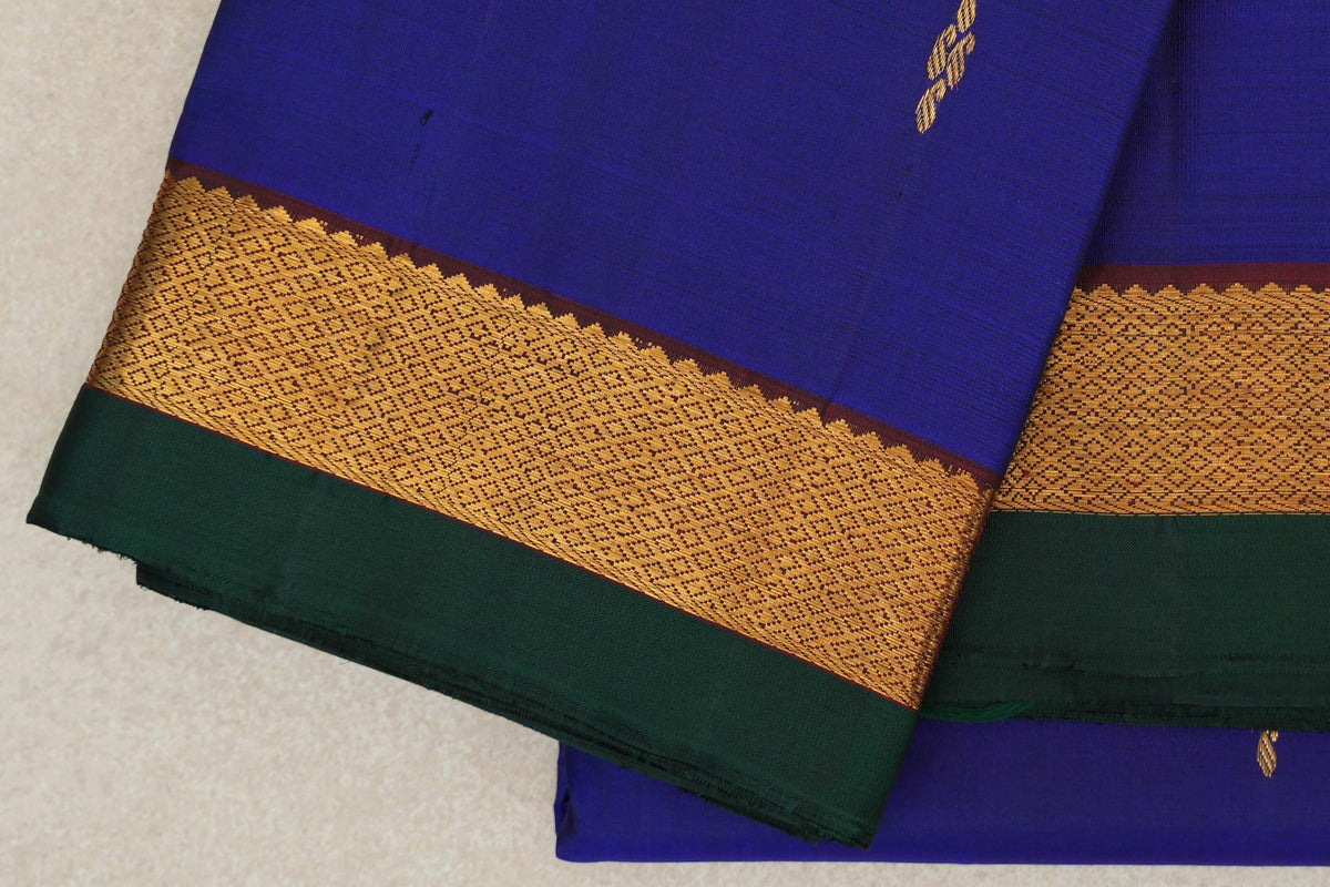 Deep Royal Blue with Deep Wine Maroon Borders with Dark Green Selvedge Vintage Kanjivaram Silk Saree by Shreenivas Silks border
