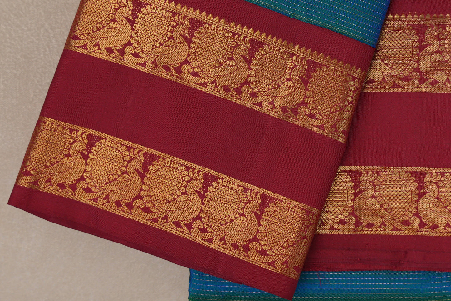 Dual Tone Green and Blue with Red Borders Vintage Kanjivaram Silk Saree by Shreenivas Silks PSSR019179