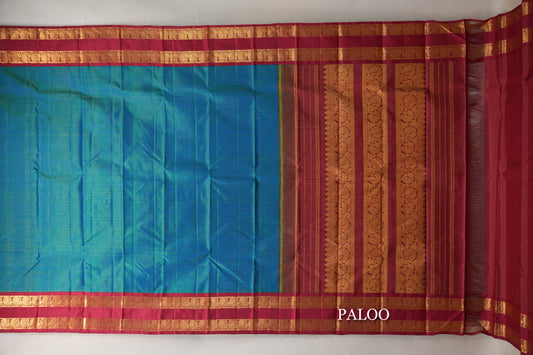 Dual Tone Green and Blue with Red Borders Vintage Kanjivaram Silk Saree paloo