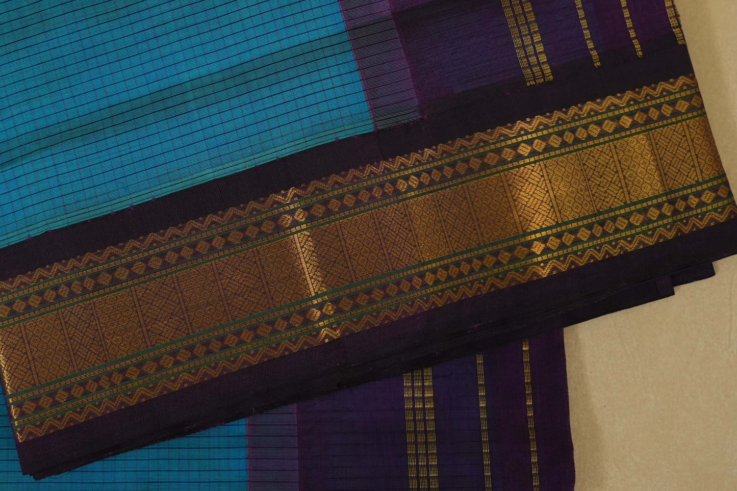Dark Rama Blue with Purple Borders Silk Cotton Saree border zoom
