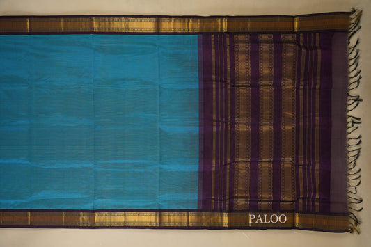 Dark Rama Blue with Purple Borders Silk Cotton Saree paloo