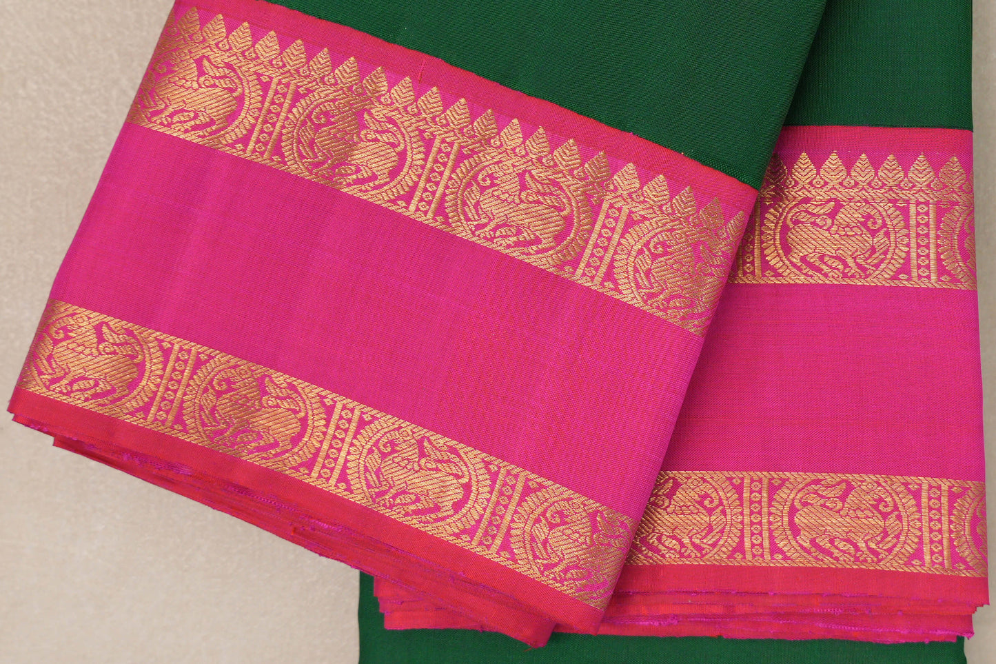 Emerald Green with Bright Pink Rettai Pettu Borders Vintage Kanjivaram Silk Saree by Shreenivas Silks PSSR019182
