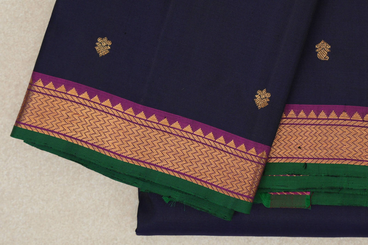 Deep Navy Blue with Deep Magenta Borders with Dark Green Selvedge Vintage Kanjivaram Silk Saree by Shreenivas Silks border
