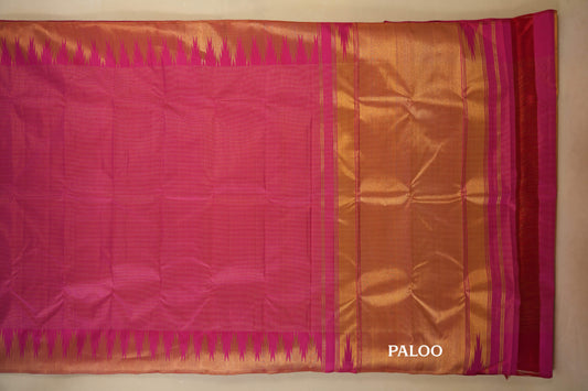 Pink Zari Checks Kanjivaram Silk Saree paloo