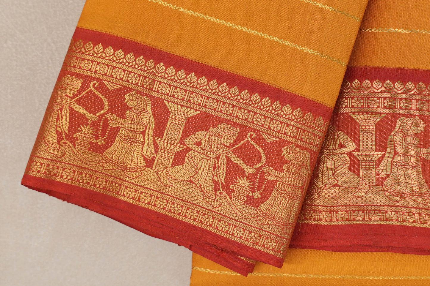 Mango Yellow with Reddish Orange Borders Vintage Kanjivaram Silk Saree by Shreenivas Silks PSSR019186