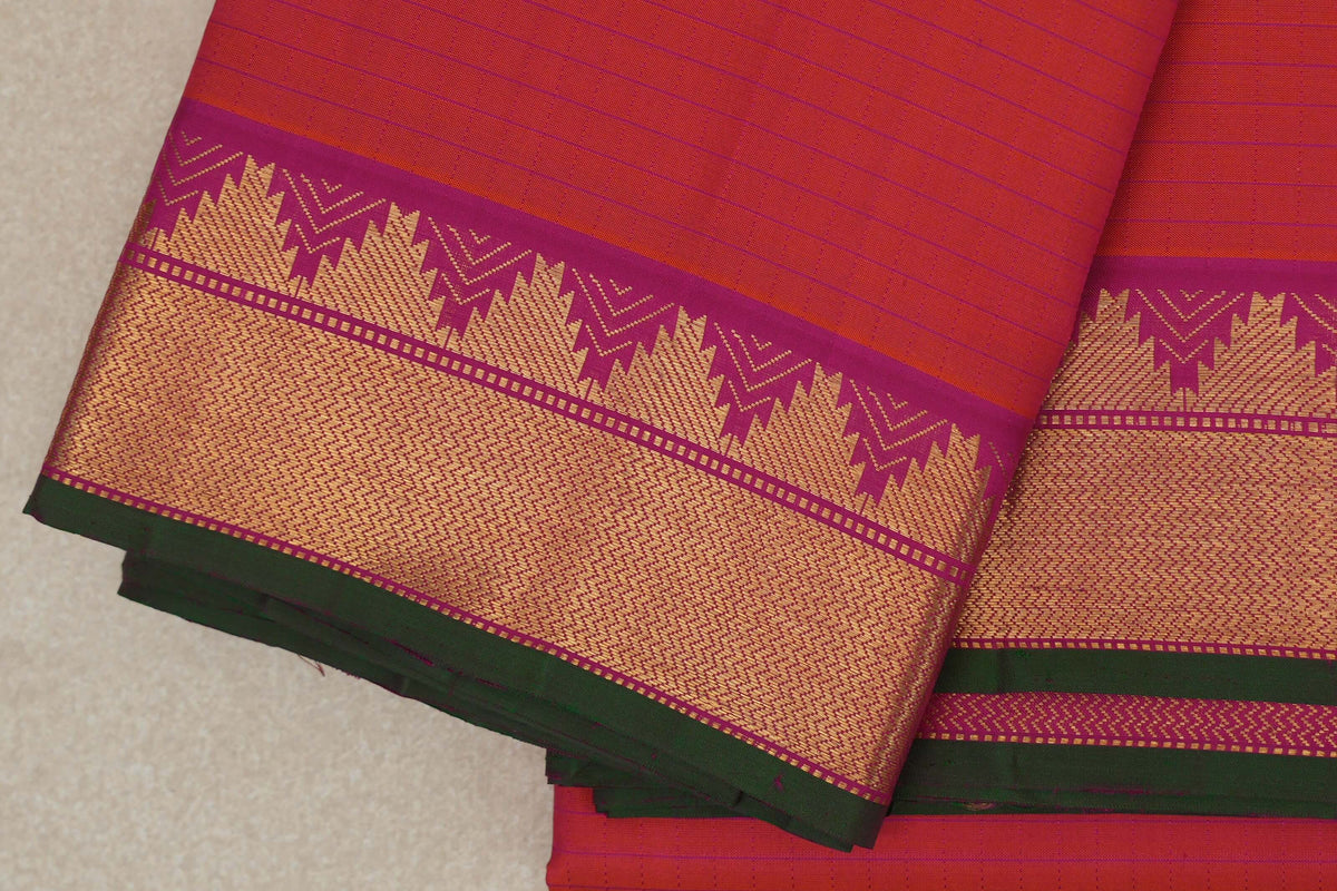 Orangish Pink with Bright Magenta Borders with Dark Green Selvedge Vintage Kanjivaram Silk Saree by Shreenivas Silks border