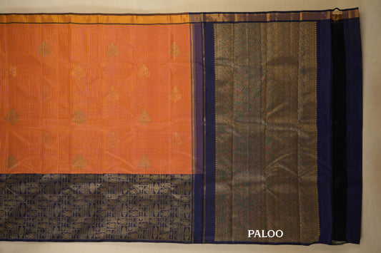 Multi Color Checks with Navy Blue Borders Kanjivaram Silk Saree paloo