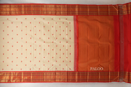 Sandal Beige with Bright Red Borders Plant Based Kanjivaram Silk Saree paloo