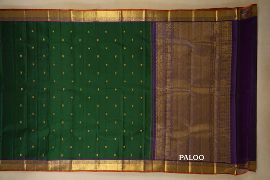 Bottle Green with Purple Borders Kanjivaram Silk Saree paloo