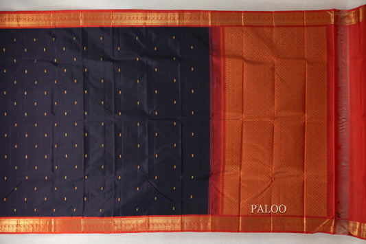 Deep Navy Blue with Tomato Red Borders Vintage Kanjivaram Silk Saree paloo