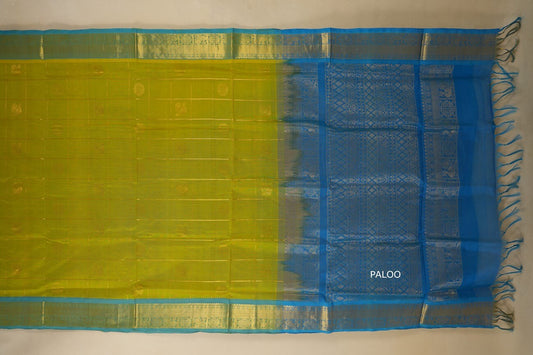 Parrot Green with sky blue Borders Silk Cotton Saree paloo