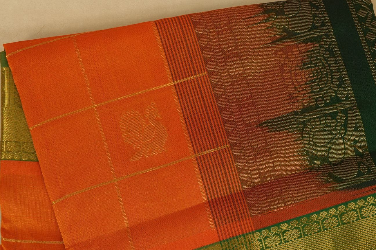 Orange with mild green Borders Silk Cotton Saree body
