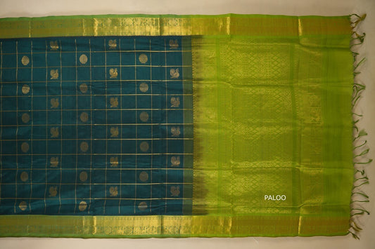 Peacock green with rexona green Borders Silk Cotton Saree by Shreenivas Silks paloo