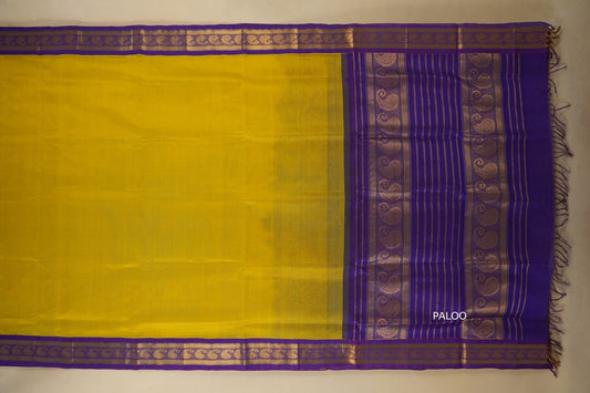 Lemon Yellow with purple Borders Silk Cotton Saree paloo