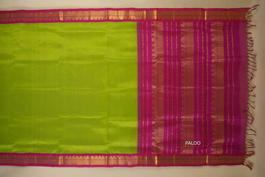 Parrot Green with rani pink Borders Silk Cotton Saree paloo