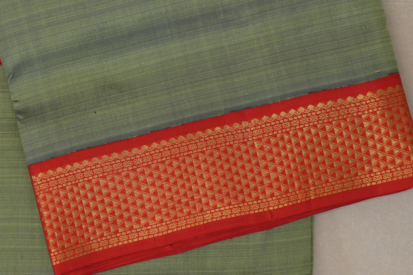 Muted Olive Green with bright red Borders Ten Yards Silk Saree by Shreenivas Silks PSSR019221