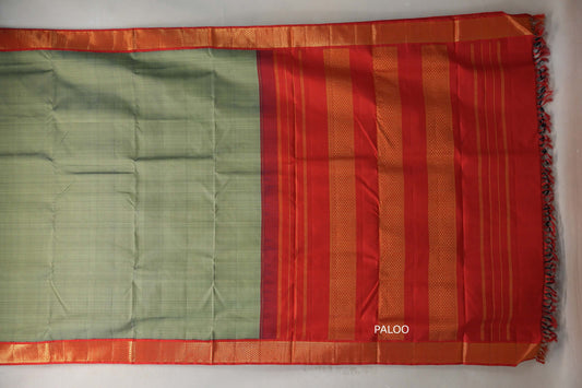 Muted Olive Green with bright red Borders Ten Yards Silk Saree by Shreenivas Silks PSSR019221