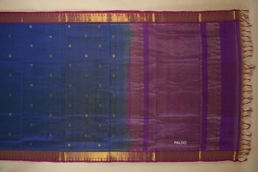 Peacock Blue with dark pink Borders Silk Cotton Saree paloo