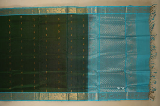 Bottle Green with Sky Blue Borders Silk Cotton Saree paloo
