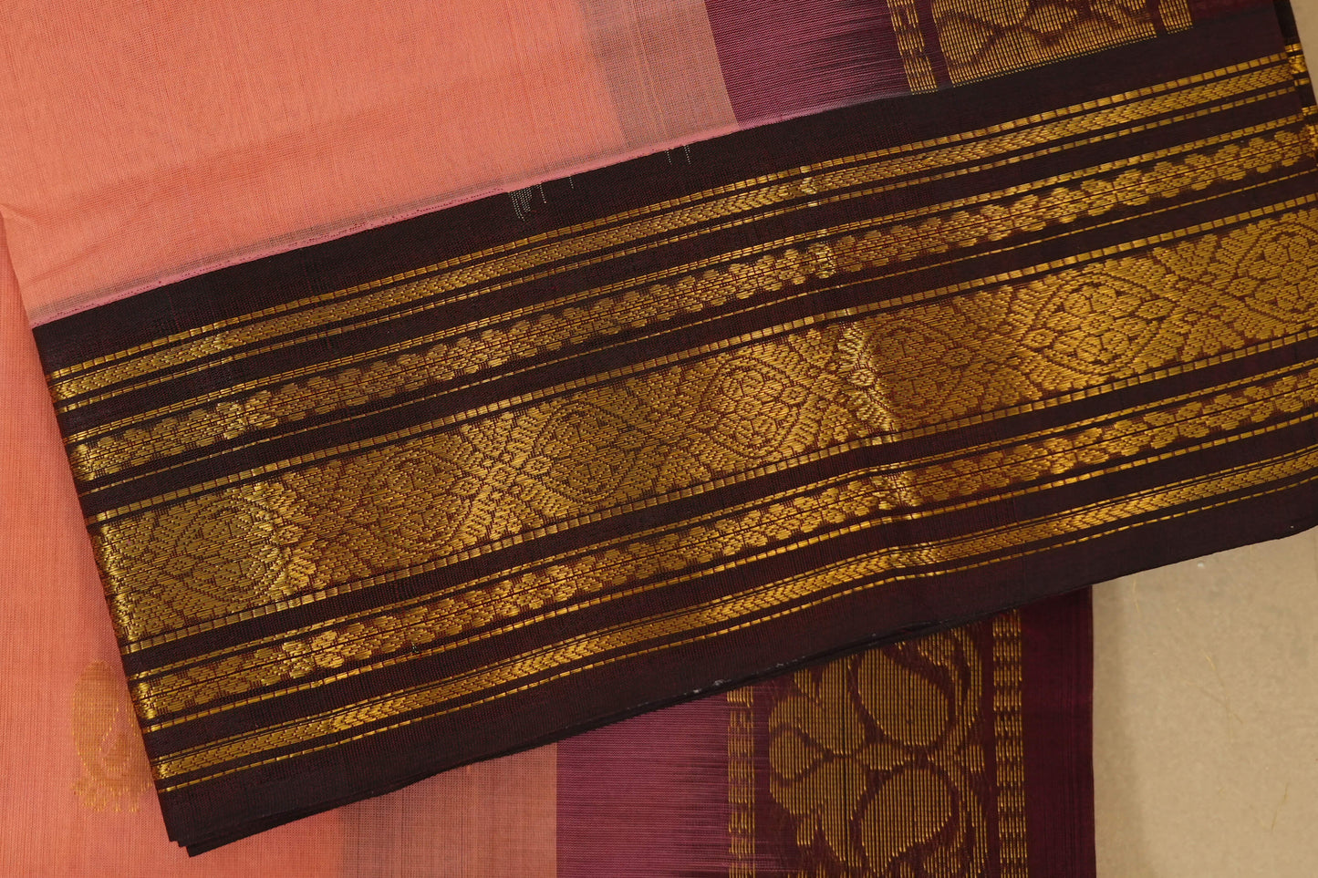 Peach Pink with Burgundy Maroon Borders Silk Cotton Saree borders