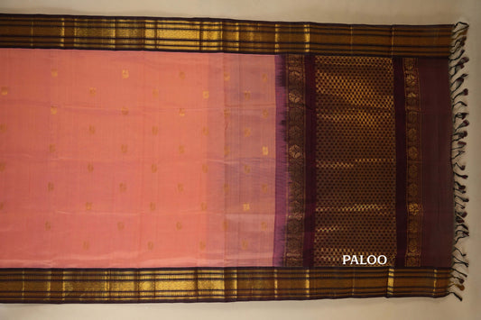 Peach Pink with Burgundy Maroon Borders Silk Cotton Saree paloo