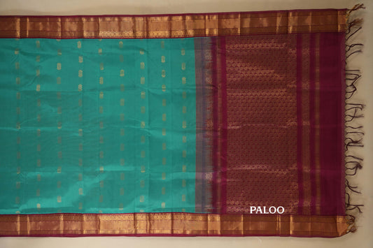 Rama Blue with Maroon Borders Silk Cotton Saree paloo
