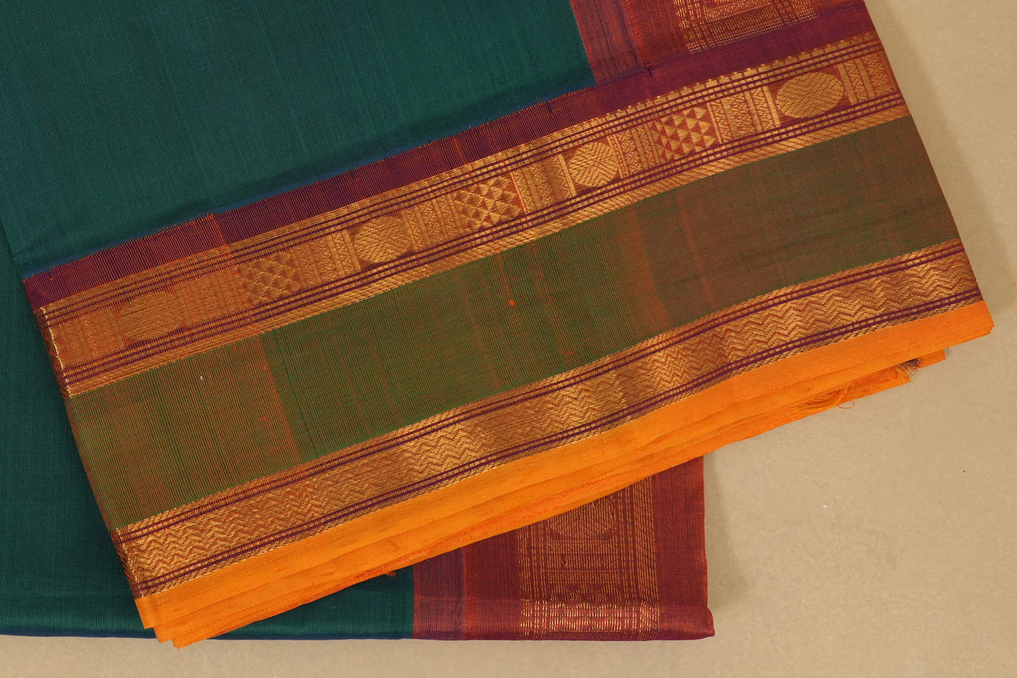 Peacock Green with Rust Borders Silk Cotton Saree borders