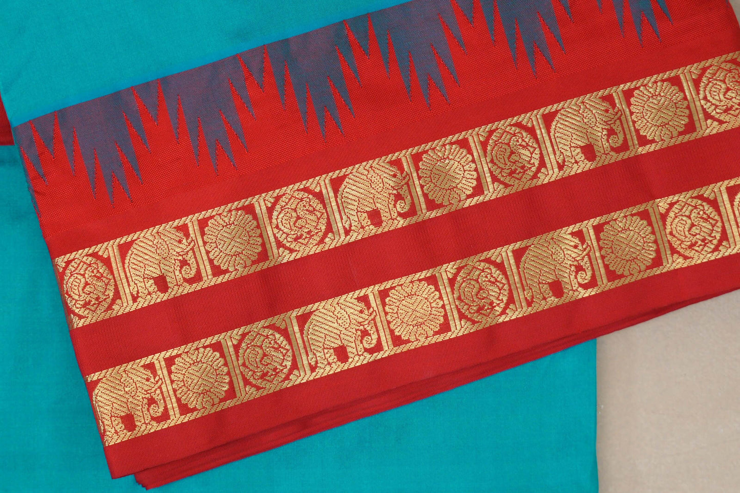 Deep Turquoise Blue with Bright Red Borders Ten Yards Silk Saree by Shreenivas Silks PSSR019235