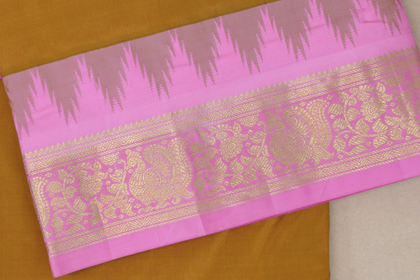 Mustard Gold with Rose Pink Borders Ten Yards Silk Saree by Shreenivas Silks PSSR019236