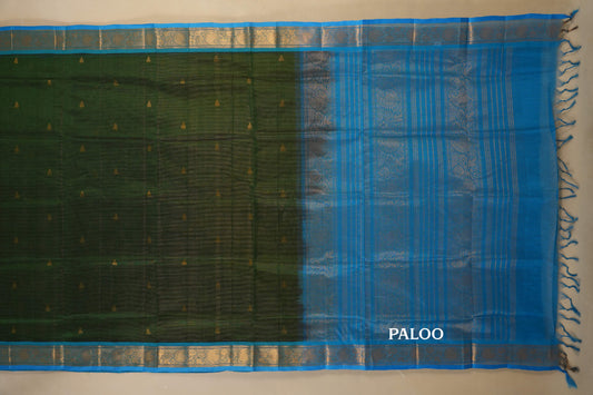 Bottle Green Vaira Oosi with Rama Blue Borders Vintage Silk Cotton Saree paloo