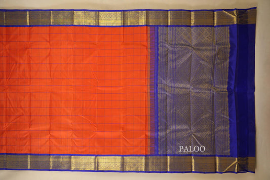 Orange with Ink Blue Borders Vintage Kanjivaram Silk Saree Paloo