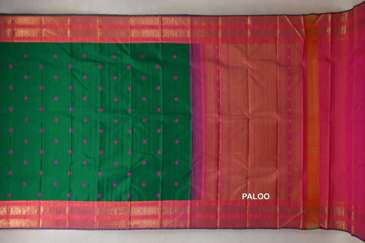 Emerald Green with Dual Tone of Orange and Pink Rettai Pettu Borders with Green Selvedge Vintage Kanjivaram Silk Saree by Shreenivas Silkspaloo