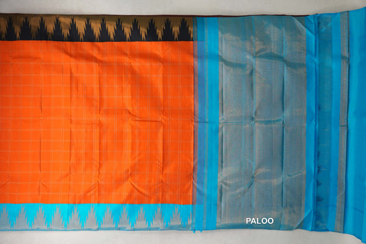 Bright Orange with Temple Borders Vintage Kanjivaram Silk Saree by Shreenivas Silks paloo