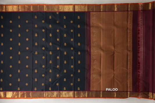 Black with Deep Maroon with Deep Orange Selvedge Borders Vintage Kanjivaram Silk Saree by Shreenivas Silks paloo