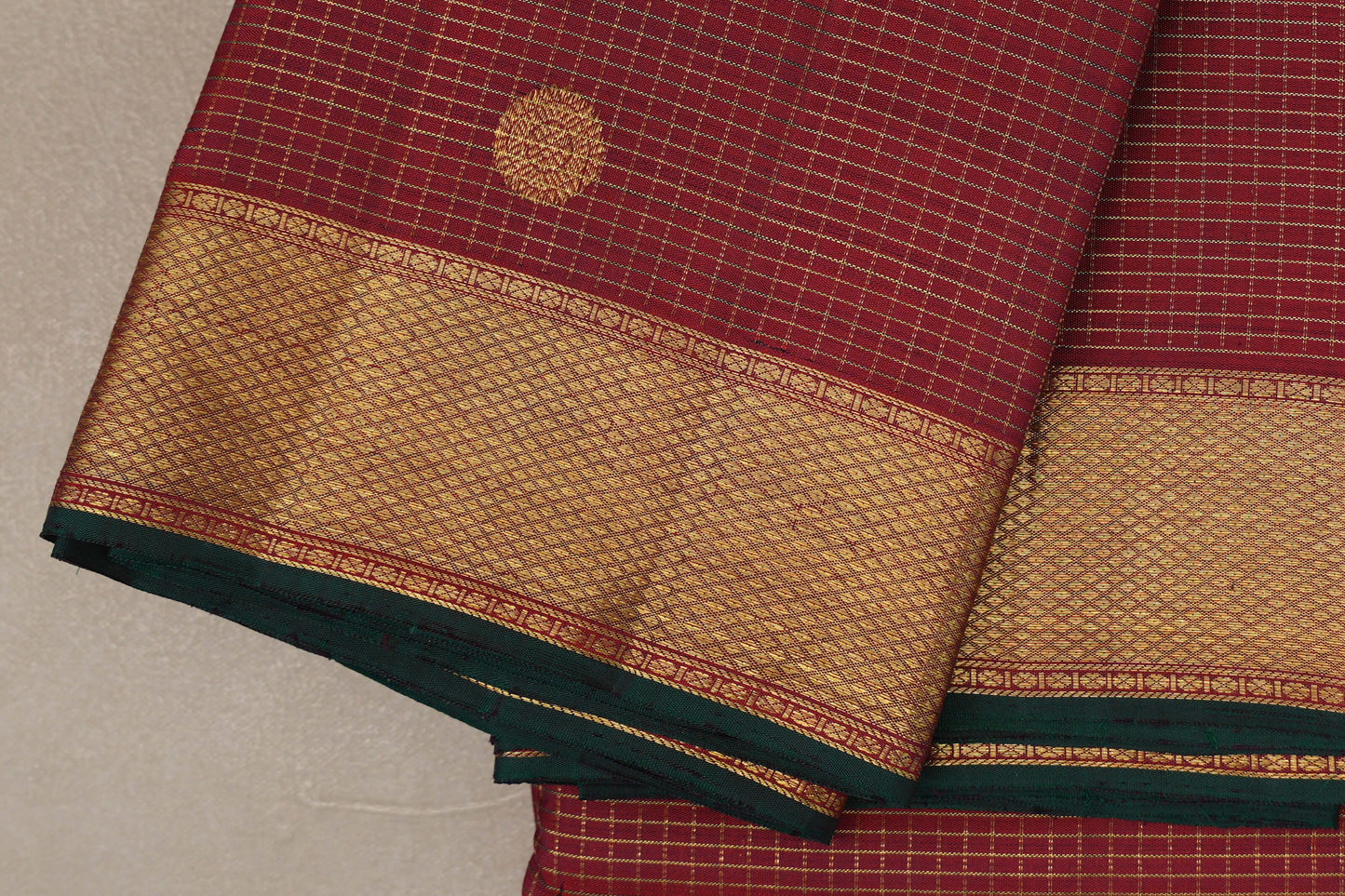 Deep Maroon with Zari Checks Vintage Kanjivaram Silk Saree borders