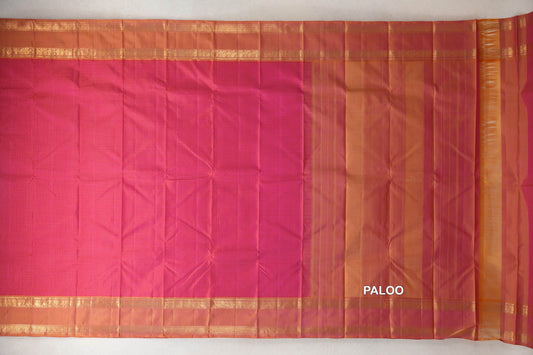 Pinkish Orange with Dual Tone of Yellow and Pink Borders Vintage Kanjivaram Silk Saree by Shreenivas Silks paloo