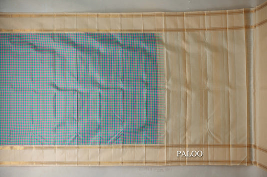 Multi Color with Cream Rettai Pettu Borders Vintage Kanjivaram Silk Saree paloo