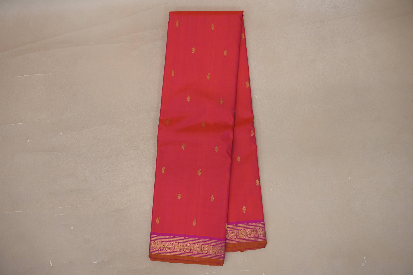 Orangish pink with bright pink borders Vintage Kanjivaram Silk Saree by Shreenivas Silks PSSR019301