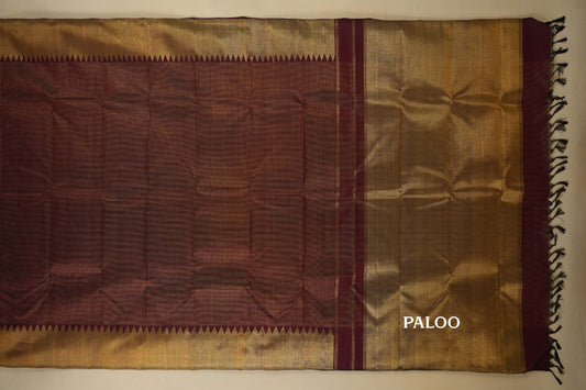 Burgundy Maroon Zari Checks with Tissue Borders Vintage Kanjivaram Silk Saree paloo