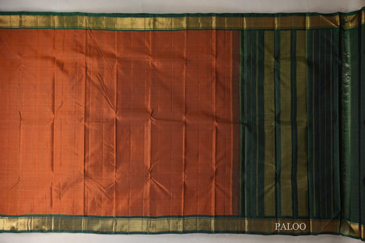 Burnt Orange with Bottle Green Borders Vintage Kanjivaram Silk Saree paloo