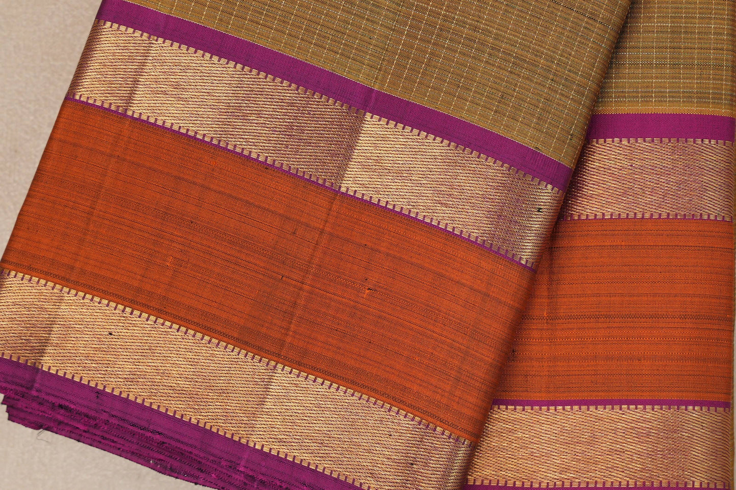 Golden Olive Green Vintage Kanjivaram Silk Saree rettai pettu borders