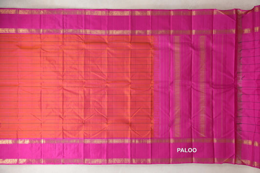 Dual Tone of Bright Orange and Pink Vintage Kanjivaram Silk Saree paloo