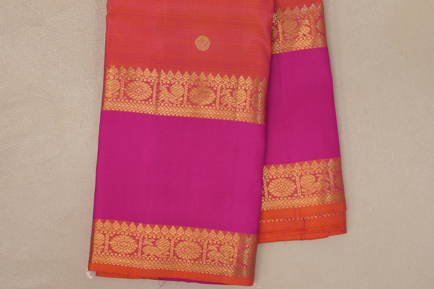 Dual Tone of Pink and Orange Vintage Kanjivaram Silk Saree borders