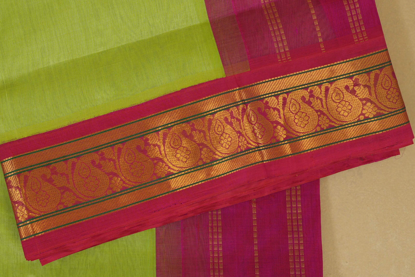 Pista Green with Pink Borders Silk Cotton Saree border