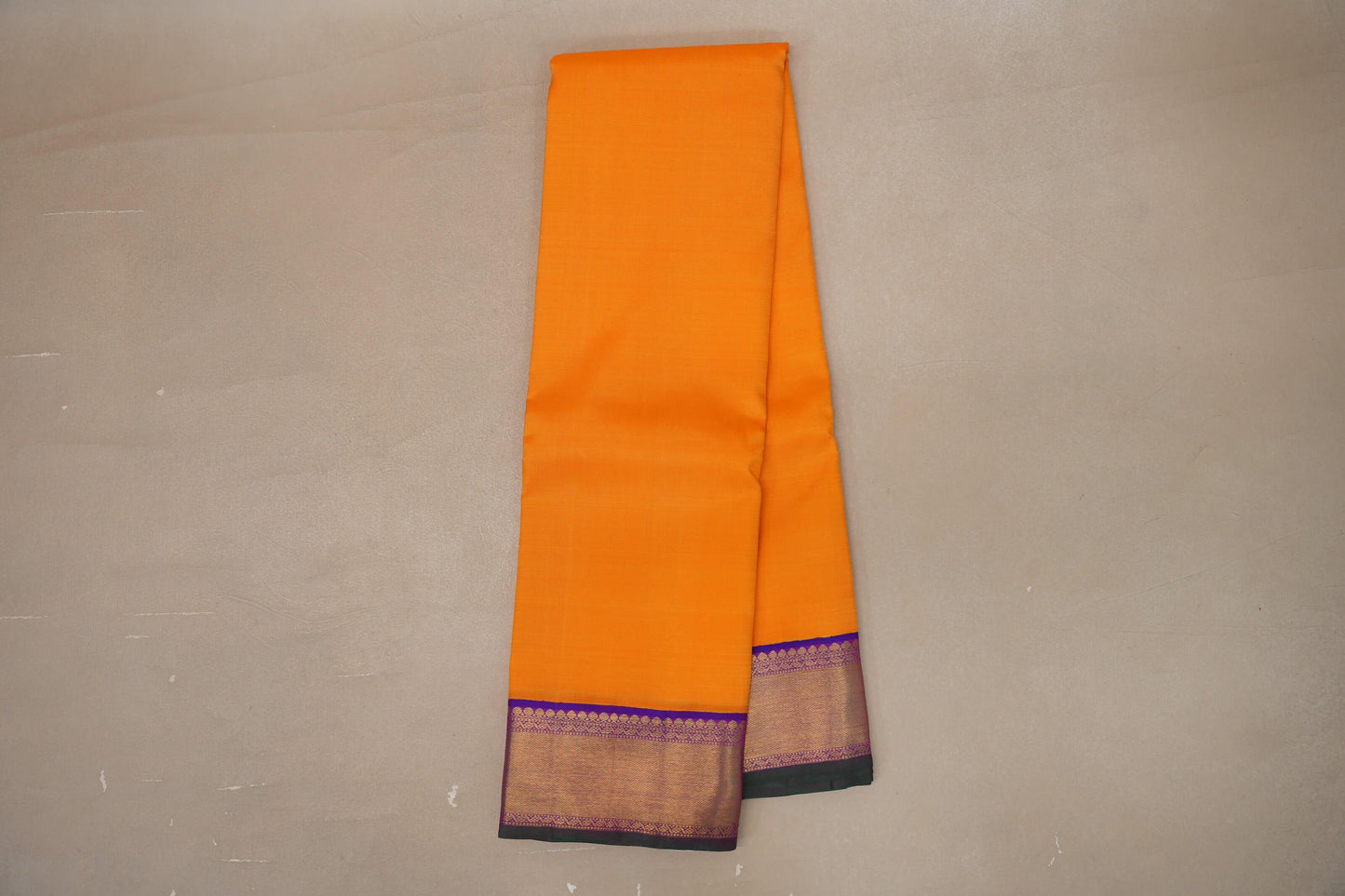 Mango orange with Dual Tone Blue and Magenta with green selvedge borders Vintage Kanjivaram Silk Saree by Shreenivas Silks PSSR019382