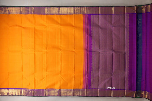 Mango orange with Dual Tone Blue and Magenta with green selvedge borders Vintage Kanjivaram Silk Saree by Shreenivas Silks PSSR019382