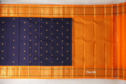 Deep Navy Blue Vintage Kanjivaram Silk Saree paloo