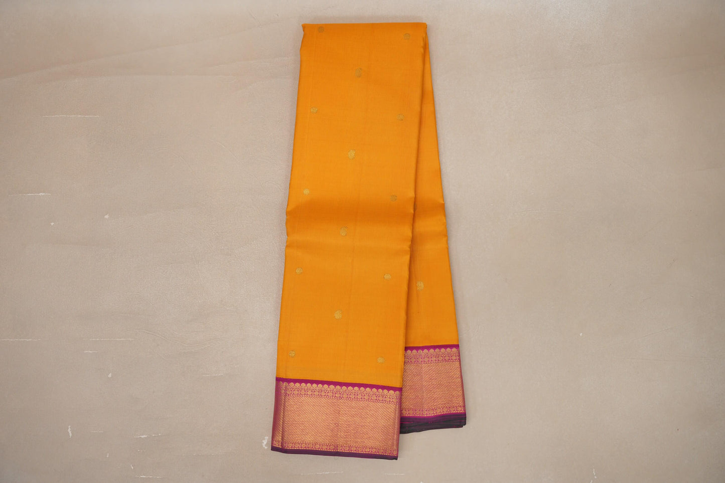 Mango yellow with Deep pink with green selvedge border Vintage Kanjivaram Silk Saree by Shreenivas Silks PSSR019387